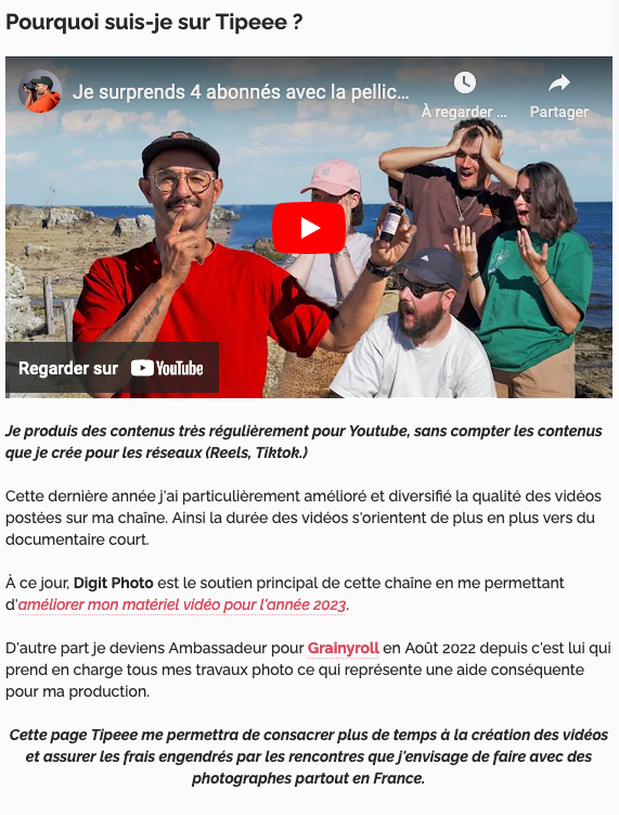 Cette page Tipeee et vos soutiens m'ont permis de consacrer la majeure partie de mon temps à la création de contenus gratuits 
Le temps que je passe à réfléchir à des idées de vidéos, les écrire, les tourner et les monter est de plus en plus conséquent
✊ fr.tipeee.com/thomasapp/
