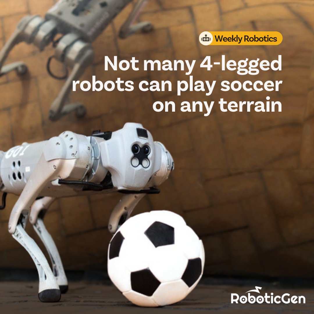 RoboticGen's tweet photo. Introducing "DribbleBot," a four-legged robot by MIT's Artificial Intelligence Lab. It plays soccer like humans, adapting to different terrains and recovering the ball after falling. Follow RoboticGen for more.
#robotics #AI #soccer #MIT #ICRA2023 #RoboticGen #WeeklyRobotics https://t.co/ra1OJrCySb