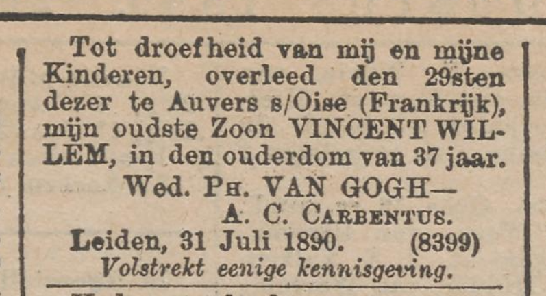 #Sterfdag van Vincent van Gogh: hij overleed in Auvers, nabij Parijs, op 29 juli 1890, twee dagen nadat hij zich met een pistool in de borst had geschoten. Advertentie uit 'Het nieuws van den dag', van 02 aug. 1890 via @DelpherNL #Vincent #VanGogh #VincentvanGogh @vangoghmuseum