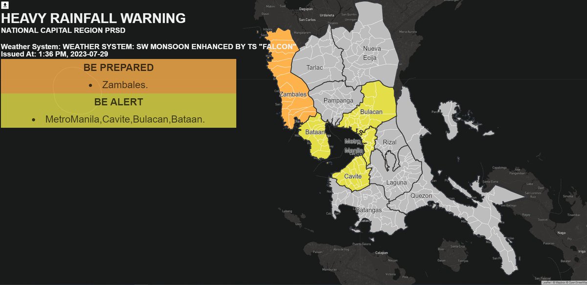 dost_pagasa's tweet photo. Heavy Rainfall Warning No. 29  #NCR_PRSD
Weather System: WEATHER SYSTEM: SW MONSOON ENHANCED BY TS "FALCON"
Issued at: 2:00 PM,29 July 2023 https://t.co/DGcKy7gbAg