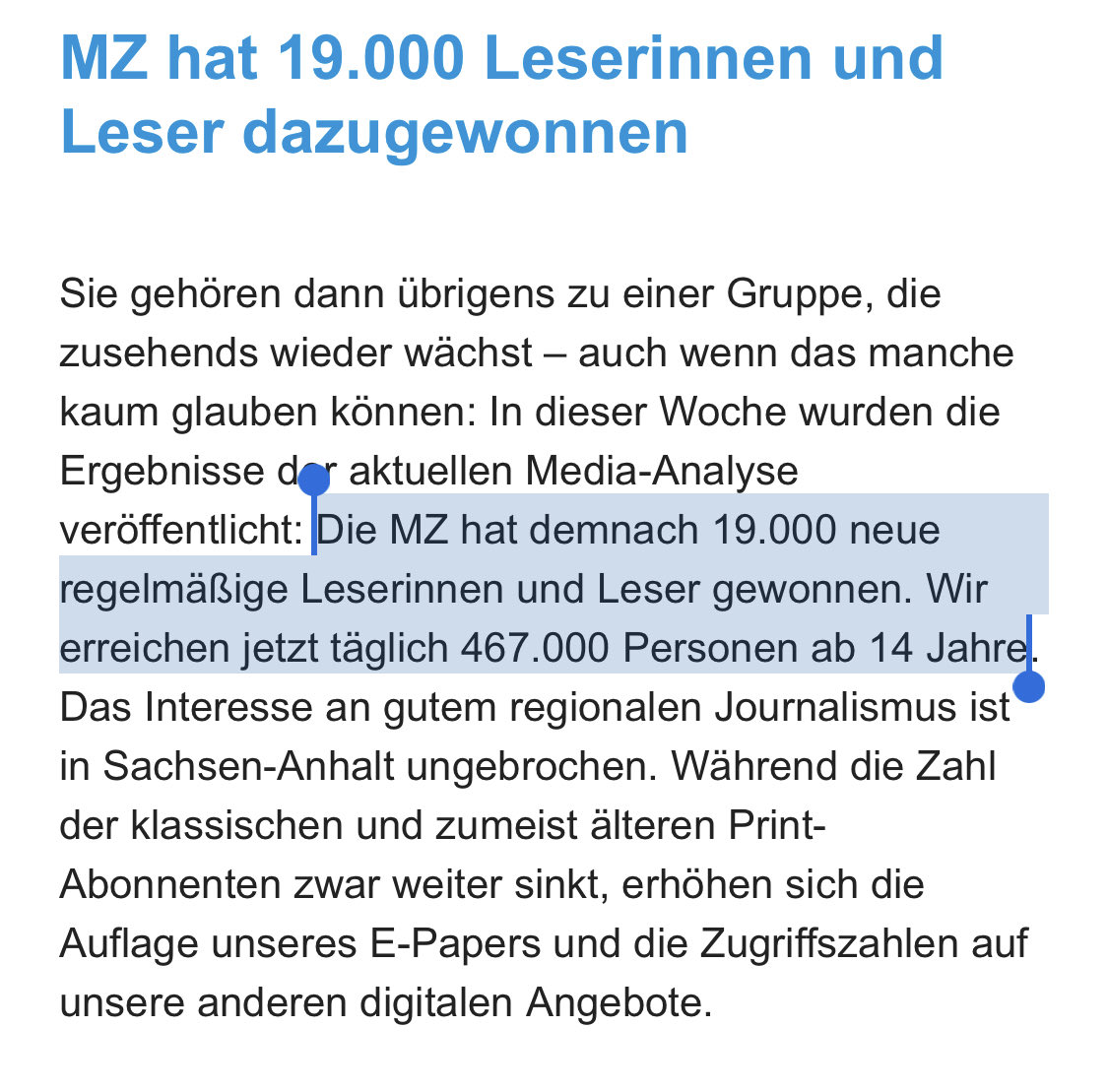 Das sind doch mal gute Nachrichten von meinen Ex-Kolleg*innen aus #SachsenAnhalt. Steigende Leserzahlen und eine Liebeserklärung von der Fachzeitschrift «Psychologie heute». Mehr geht nicht, zum Start in ein schönes Wochenende. #Lokalzeitung #MediaAnalyse #PostvomChefredakteur