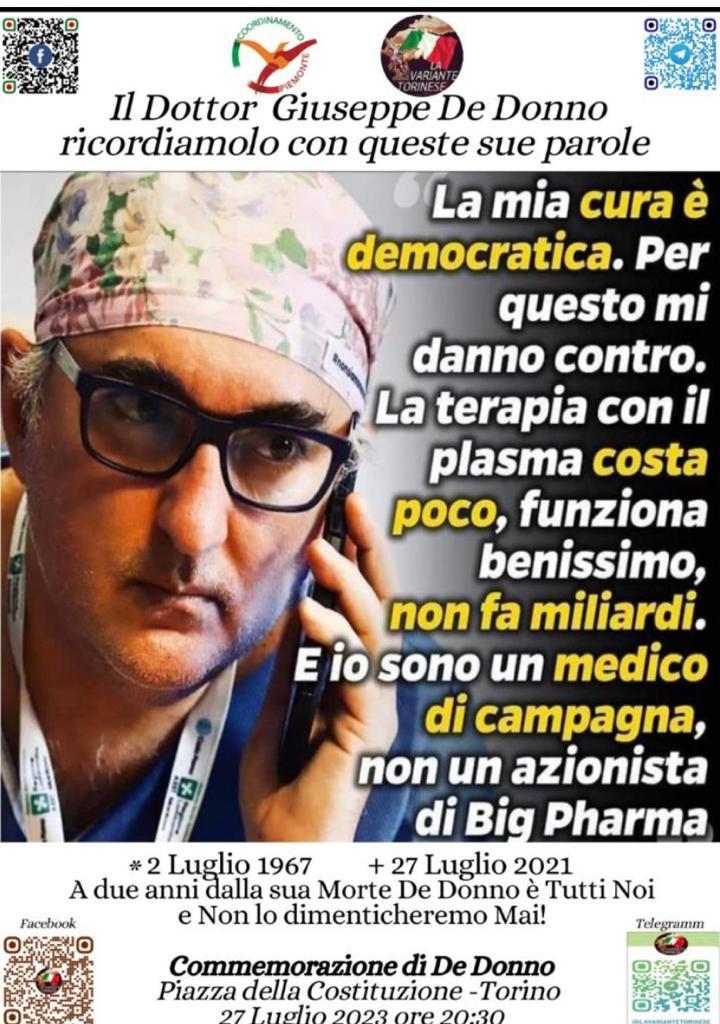 PdF_Piemonte's tweet photo. @Carlo_BRAVI
(@PdF_Torino):
"Almeno a posteriori rendiamo onore al Dott. #DeDonno, un #medico preparato, onesto e coscenzioso, e un grande uomo.
La cui morte va inquadrata nell'assurdo e ostinato ostracismo ricevuto dalla sua #terapia contro il #covid19, efficace e poco costosa". https://t.co/GszmmGXITC