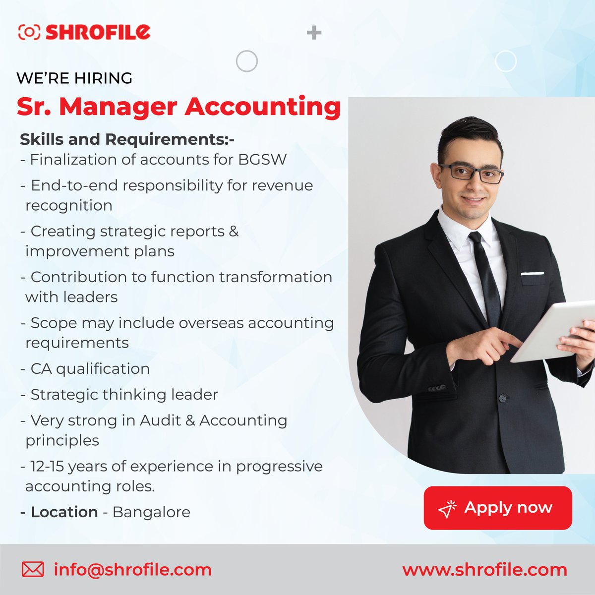 📢 We're Hiring! 🌟 Sr. Manager Accounting
🚀 Apply now - shrofile.com/Submit-Your-Re…
✉️ info@shrofile.com

Location: Bangalore

#JobOpening #FinanceOpportunity #AccountingCareer #BangaloreJobs #CAJobs #SrManagerAccounting #LeadershipRole #StrategicThinking #FinanceCareer #CareerMove