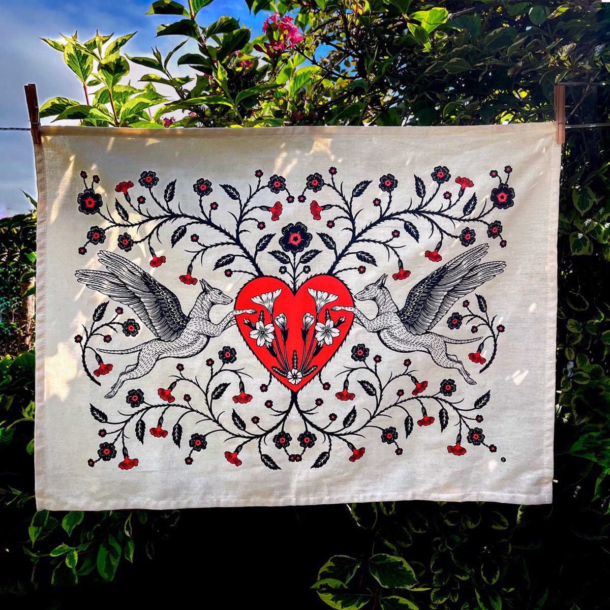 New flying hound tea towel designs have arrived back from the screen printers and are now available too purchase from my online store houseofhawks.bigcartel.com two colour ways available printed on 100% organic cotton and measure 50cm x 70cm. 💙💛🖤❤️
