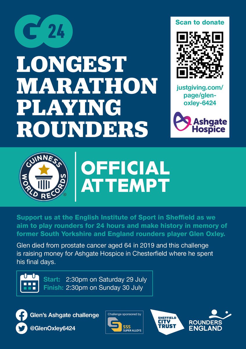 GlenOxley6424's tweet photo. 🌎 Rounders world record attempt weekend 🌍 

⚾️ In memory of ex England player Glen Oxley, raising money for @Ashgate_Hospice, our aim is to play rounders for 2️⃣4️⃣ hours at the EIS Sheffield from 2.30pm today ⏰ 

🙏 Support in person or please donate ➡️ https://t.co/ps0iQqK7a6 https://t.co/mISkOiW1oO