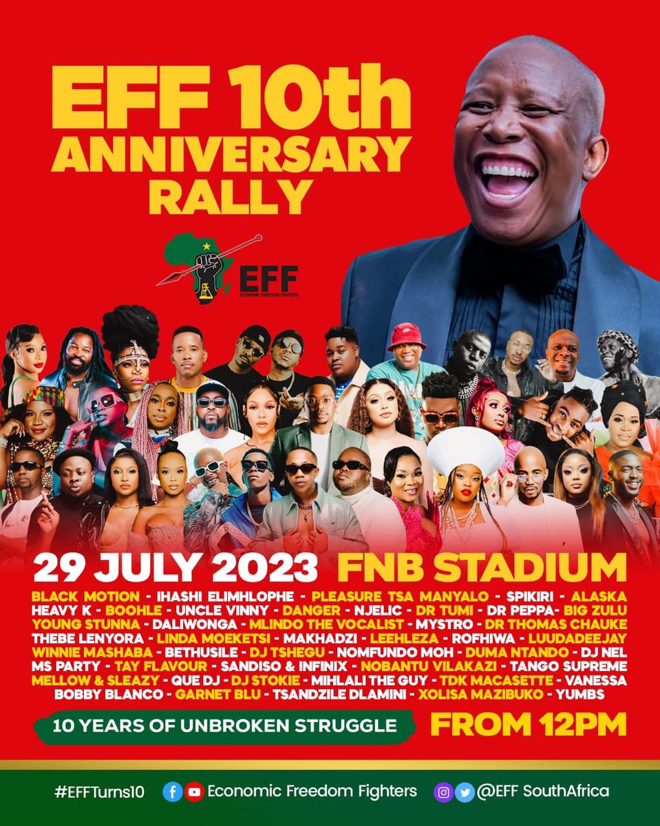 FloydShivambu's tweet photo. We are on for the whole of today at the FNB Stadium. It’s the @EFFSouthAfrica’s 10th Anniversary Rally! Everyone is Welcome to attend and entrance is FREE! We said 10 Years ago that it’s No surrender! No retreat and we are now here! #EFF10thAnniversary! https://t.co/ZpvVIKjh7m