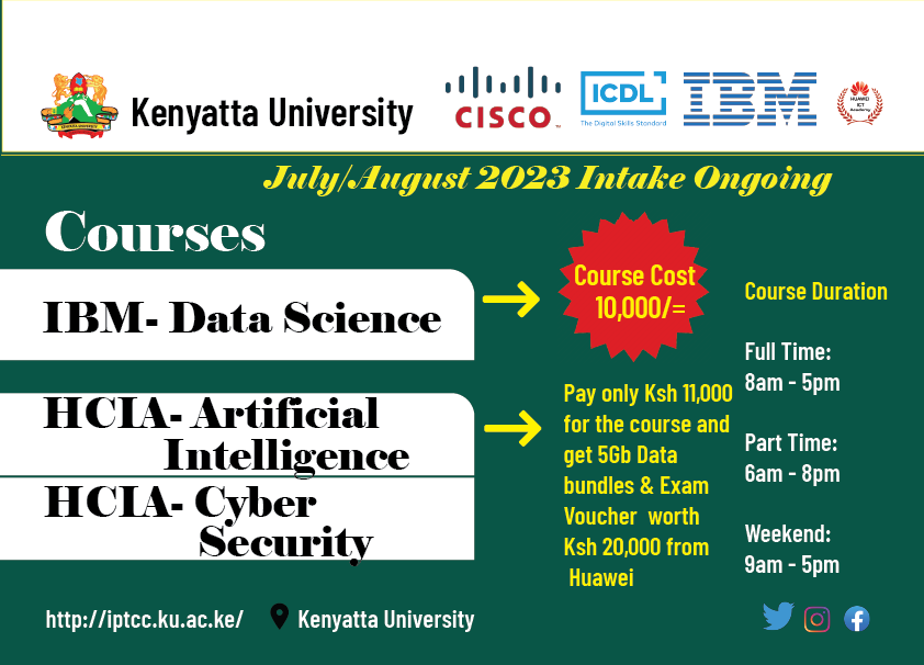 KenyattaUni's tweet photo. Kenyatta University is offering Digital Skills and Professional Courses to equip learners with ICT skills at the ICT Professional Training and Certification Center https://t.co/LsYjF7SFfn #ICTProfessionals #ICTLearning #KUICDL #KUCISCO https://t.co/1tPCK4uYJI