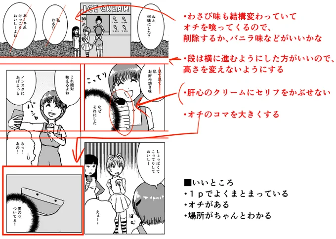 #ネーム添削 17  1pでよくまとまっていていいなと思いました!  コマの高さがバラバラで視線誘導がうまくいっていないので、上中下で段を作ってやるといいと思います!  あとは情報の精査をして、一番見せたいオチの部分をしっかりみせるとうまくいくと思いました!