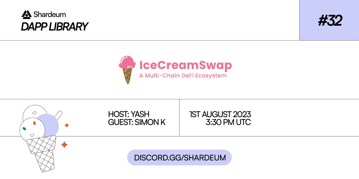 shardeum's tweet image. #DappLibrary #32: @icecream_swap 🍧

@yashjhade meets Simon K to explore a single platform for all DeFi services such as swapping, yield farming, liquidity pooling &amp;amp; a multichain bridge.

Tune in on 1st August, 3:30 PM UTC.

👉 discord.gg/shardeum