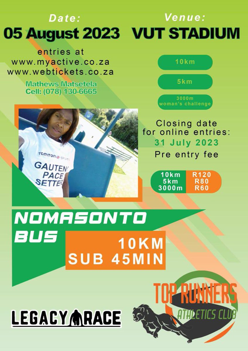 RunnersTop's tweet photo. Counting down to the Legendary Tebogo Masehla race, save the date, 5:08:23. Online entries are closing 31st July💚 https://t.co/mMu4y9LuTI