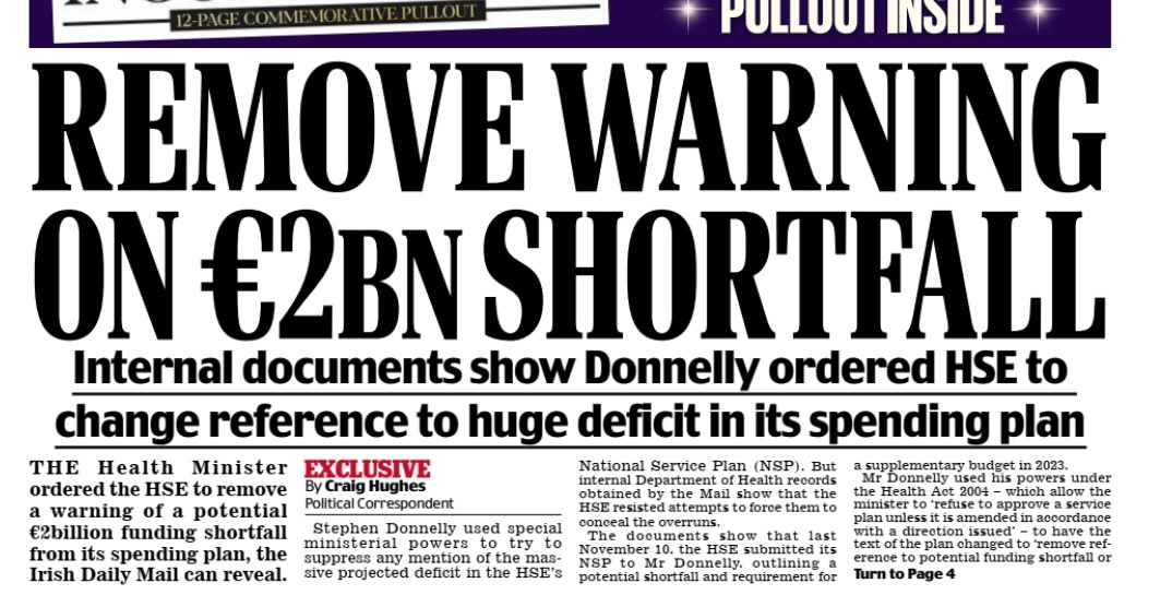 caulmick's tweet photo. THE Health Minister ordered the HSE to remove a warning of a potential €2billion funding shortfall from its spending plan
@hughescraig90 

Stephen Donnelly used special ministerial powers to try to suppress any mention of the massive projected deficit 

https://t.co/rpiUakdYEJ https://t.co/oNOnpGFoF0