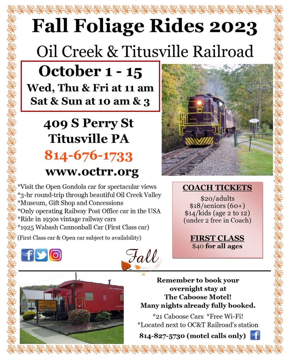 OCandT's tweet photo. Call 814-676-1733 for tix.
First Class ONLY avail for Wed, Oct 4 at 11 am.
Coach still avail for all dates.
Sept runs are Sat & Sun @ 11 am. First Class & Coach both still avail for all those days.
https://t.co/RPoblbxIZSโฆ
#octrr #oilcreekandtitusvillerailroad #FallFolage๐๐ https://t.co/9rqIqOcJDb