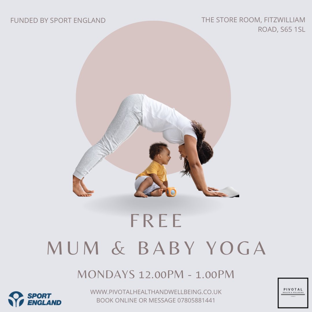 🧘🏻‍♀️Free Mum &amp; baby yoga 🧘🏻‍♀️ 

Funded by <a href="/Sport_England/">Sport England</a> our free mum &amp; baby yoga class is open for all mums looking to become more active with their babies by their side🌟

Mondays 12pm - 1pm

Bookings can be made online at pivotalhealthandwellbeing.co.uk 

#nonprofit #community #rotherham