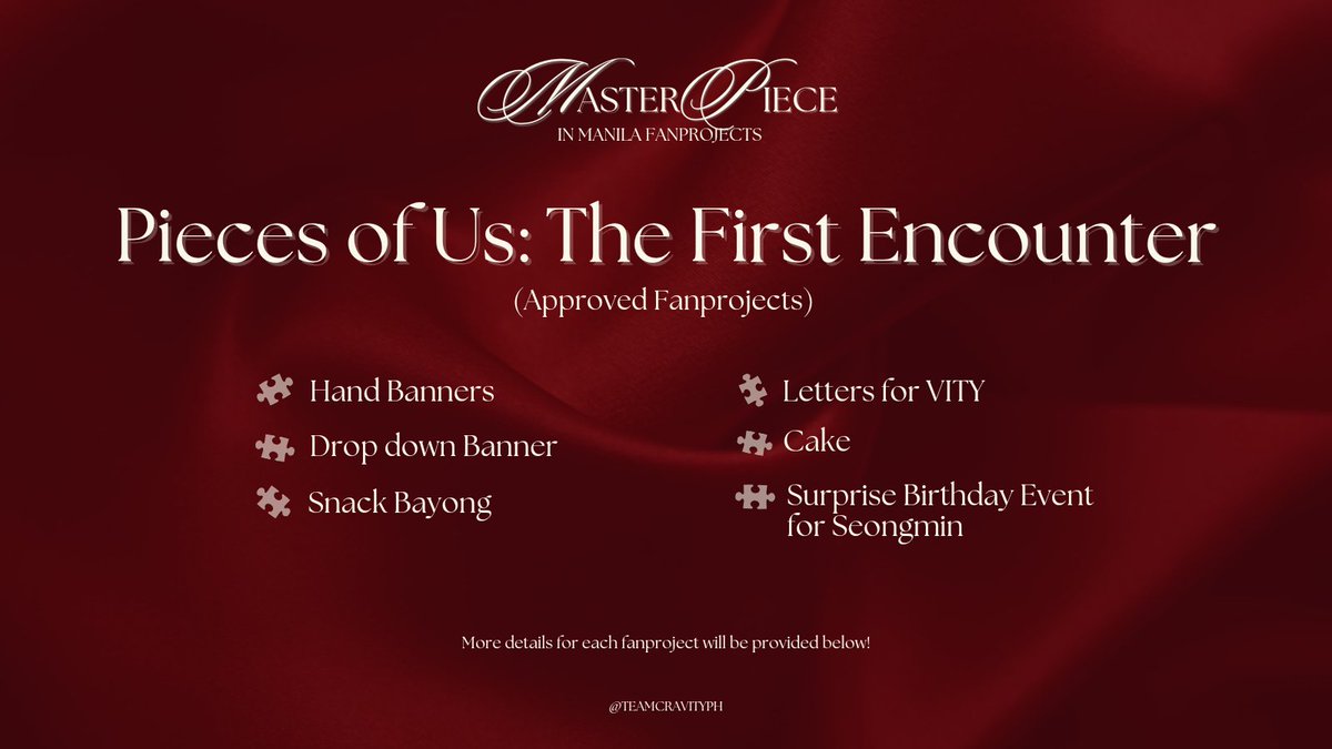 TeamCravityPH's tweet photo. [D-7]

Hello PH LUVITYs! We are delighted to share with all of you the approved fanprojects for #MASTERPIECE_IN_MNL! 

More details of each fanproject will be provided in the thread below! 

#PiecesOfUsTheFirstEncounter https://t.co/ukoWM9QRYy