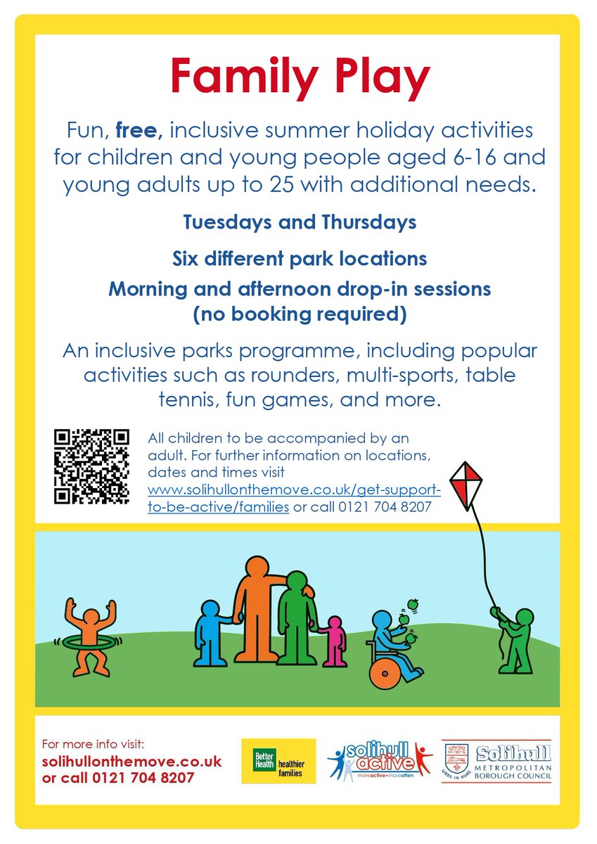 SolihullActive's tweet photo. Not long to go now until  this summers Family Play sessions! Fun, free, inclusive summer holiday activities for children and young people aged 6-16 and young adults up to 25 with additional needs across 6 park locations. #SoGo #SolihullActive https://t.co/WdH2xWY7Nt