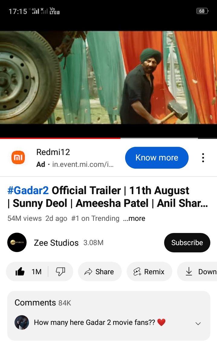 1 million like for official #Gadar2Trailer on you tube &amp; counting many more..... Yeh #Sunnydeol #TaraSingh ke Bade parde par aane se pahle ka #Toofan h...... 11 August ko Tsunami aane wali h #Gadar2 ki.
Hindustan Zindabad 🇮🇳