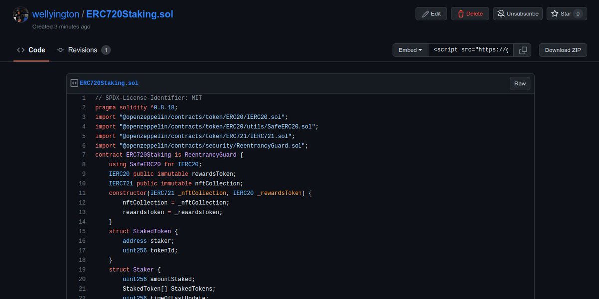 wellyington's tweet photo. Here you have it, my ERC720Staking contract reviewed and fully function!
* Stake
* Withdraw
* Reward per Hour
https://t.co/3kBeCobZlW
#NFT #NFTs #NFTCommunity #web3 #web3community #solidty #eth #development #developer #dev #100DaysOfCode https://t.co/baL75OTNuN