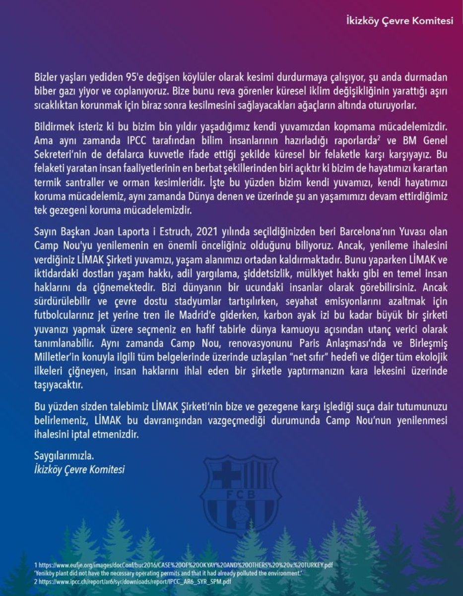 Limak bizi yıllardır Yeniköy/Kemerköy Termik santralleri ile zehirliyor! Şimdi de 6 gün içinde binlerce ağacı, #AkbelenOrmanı'nı katlettiler. İnsanlığa karşı suç işleyen Limak'la tüm ticari ilişkinizi hemen şimdi bitirin @FCBarcelona_cat @FCBarcelona_es #joanlaportaiestruch