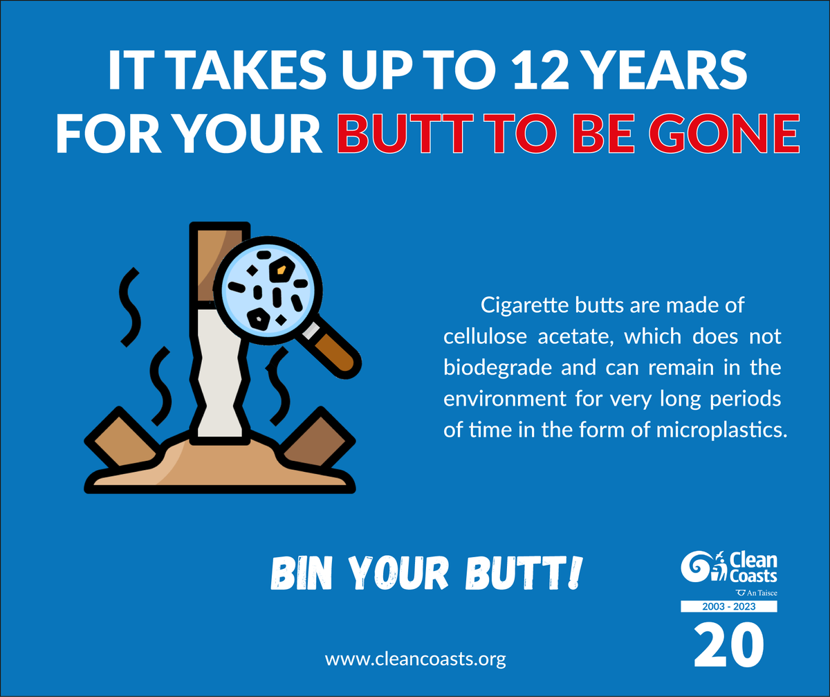 Calling all smokers! 🚬
Did you know that it takes up to 12 years for your butt to be gone? Cigarette butts remain in our environment for a very long time in the form of microplastics, which harm our ocean and marine life. Always #BinYourButt!
#CleanCoasts #ButtsOffOurBeach