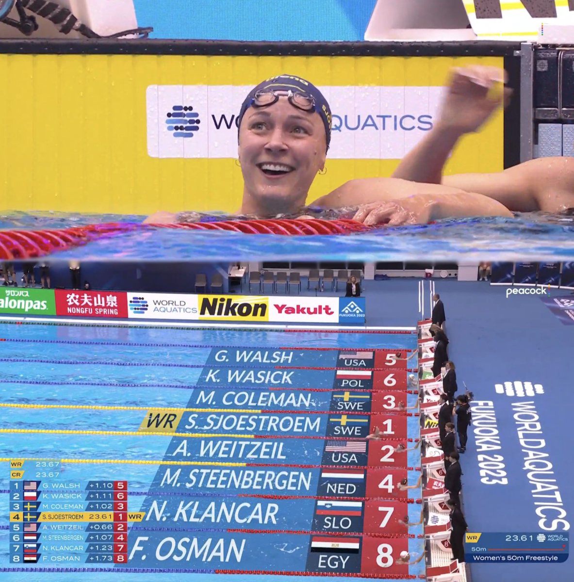 kylesockwell's tweet photo. 🚨 NEW WORLD RECORD 🚨

Sarah Sjöström just took out the 50 freestyle World Record dropping a 23.61 🤯 https://t.co/2k2o7xWBiB