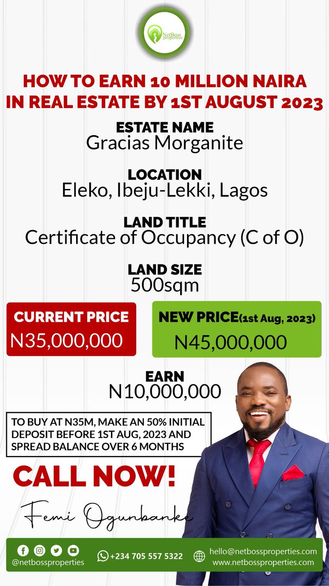 Netbossproperty's tweet image. #LagosLandForSale
#Investment
#Earn
#investmentopportunities
#investmentstrategy
#investmentproperties
#propertyinvestment
#realestateinvestment
#privateinvestors
#privateequity
#lagosnigeria
#lagosproperties
#epelagos