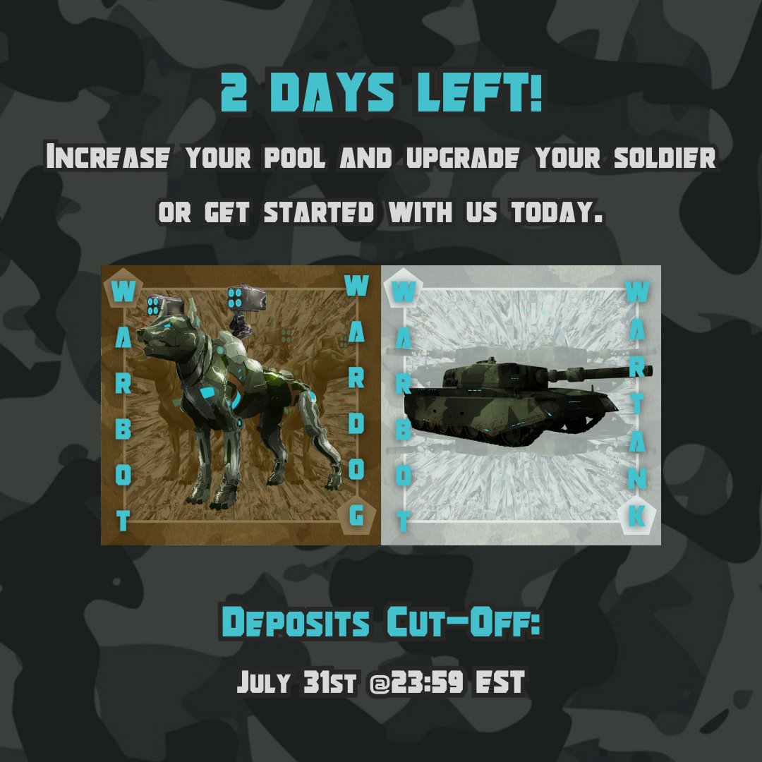 2 days left before deposits close & August trading begins!👀 WarFi = Real revenue, a trusted team & the most consistent returns in defi🤑 Get your funds in by July 31st 23:59 EST & start your wealth building journey today! warfi-tradingbots.com #passiveincome #crypto #defi