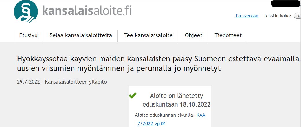What citizens of 🇫🇮 had in mind about #visabanforrussians last year. The citizens' initiative regarding 'visaban' for 🇷🇺citizens was accepted by the Finnish Digital Agency on 29th July 2022. After this, citizens were to gather at least 50K signatures in 6months so it would make