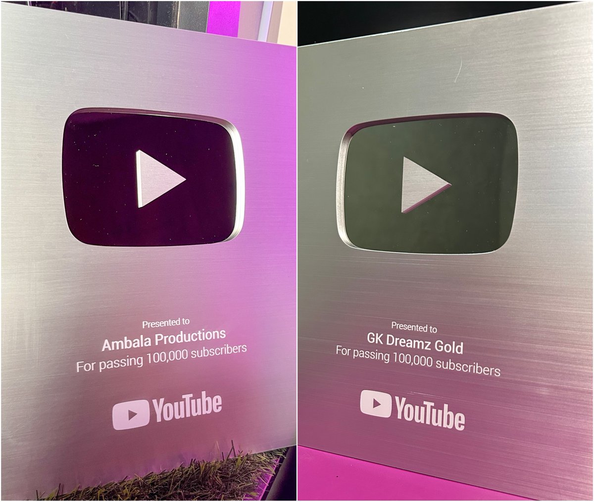 AmbalaPro's tweet photo. 🏆 Big News!
Ambala Productions &amp; GK Dreamz Gold have both received Silver Play Buttons from YouTube! 🎉🥈 Thanks to our amazing team and incredible audience for making this possible.
@YoutubeIndia

#AmbalaProductions #GKDreamzGold #SilverPlayButton #YouTubeCreators https://t.co/uspDcOXVIQ