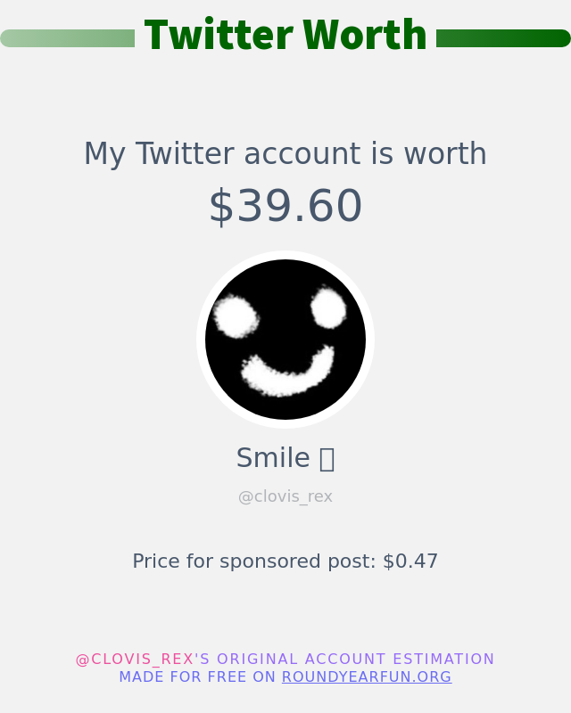 clovis_rex's tweet image. My Twitter worth is: $39.60

➡️ twitterfun.games/twitterworth