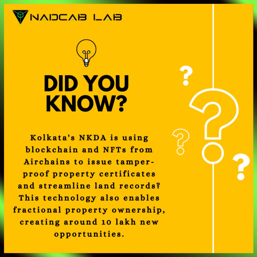 nadcablabs's tweet photo. Revolutionizing land records & property ownership in Kolkata, India: NKDA utilizes #Airchains' #blockchain & #NFTs for tamper-proof certificates & fractional ownership, creating 10 lakh new opportunities. #BlockchainForIndia https://t.co/zWuyCIM7V7