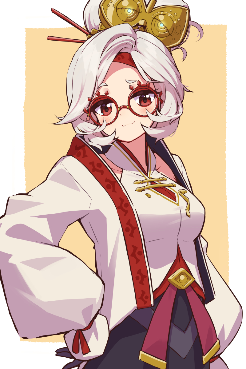 1girl red eyes solo glasses white hair looking at viewer smile  illustration images