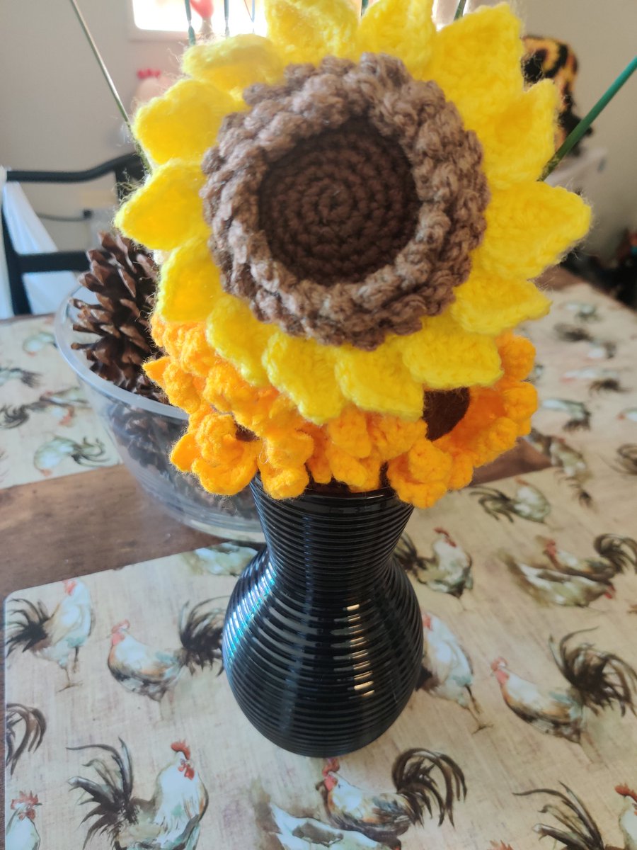 CrochetKitty13's tweet photo. Some things I made for my fam for Mothers Day. A custom Winnie the Pooh Gnome, a fuzzy Stitch and a small Sunflower Bouquet. #crochet #amigurumi #customorder #custommade #commissionsopen https://t.co/fu9W1bZKzr