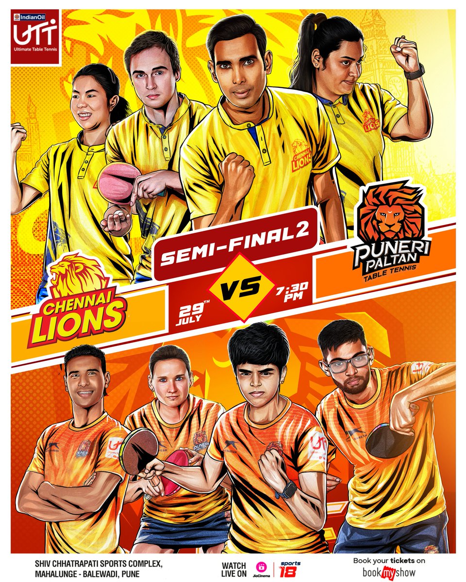 🔥 Chennai Lions ⚔️ Puneri Paltan TT 🔥

Which team will face Goa Challengers in the Final?

Get ready for the 2nd semi-final, today, 7:30 PM onwards, LIVE on #JioCinema & #Sports18 🏓

#EveryTableIsAPlayground #UltimateTableTennis #UTTonJioCinema #UTTonSports18