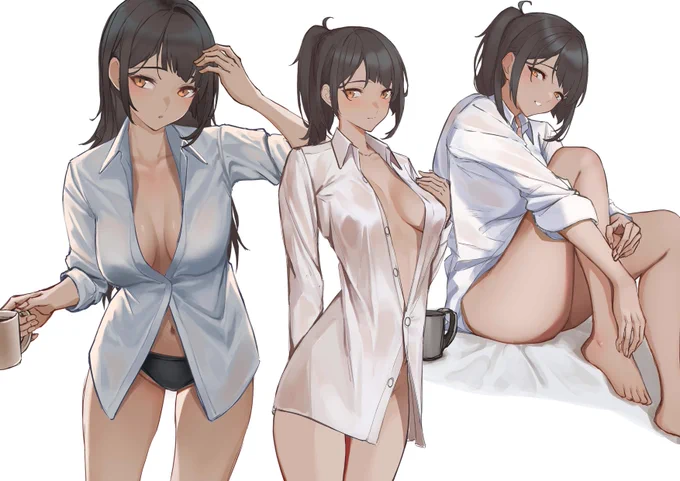 息抜きに描いてた褐色ちゃんのまとめ 外だときっちりしてるけど、内だと大分ラフな格好で過ごしてるイメージ...  #イラスト練習