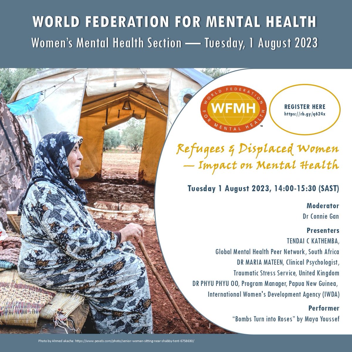 The Women's Mental Health section of the World Federation for Mental Health is organizing a webinar on 'Refugees and Displaced Women - Impact on Mental Health' to be held on Tuesday 1 August 2023 at 2pm-3.30pm (SAST).   Register at us06web.zoom.us/meeting/regist…