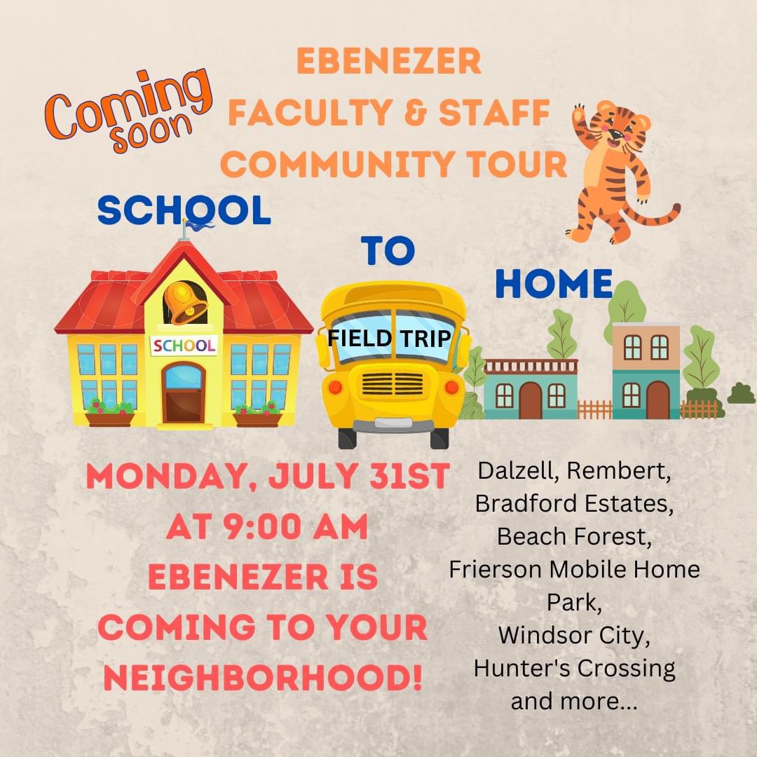 Ebenezer Families,
We are coming to visit your neighborhood. Be on the lookout for us Monday morning as the Faculty and Staff at Ebenezer travel around the Ebenezer Community. See you Monday, July 31st.