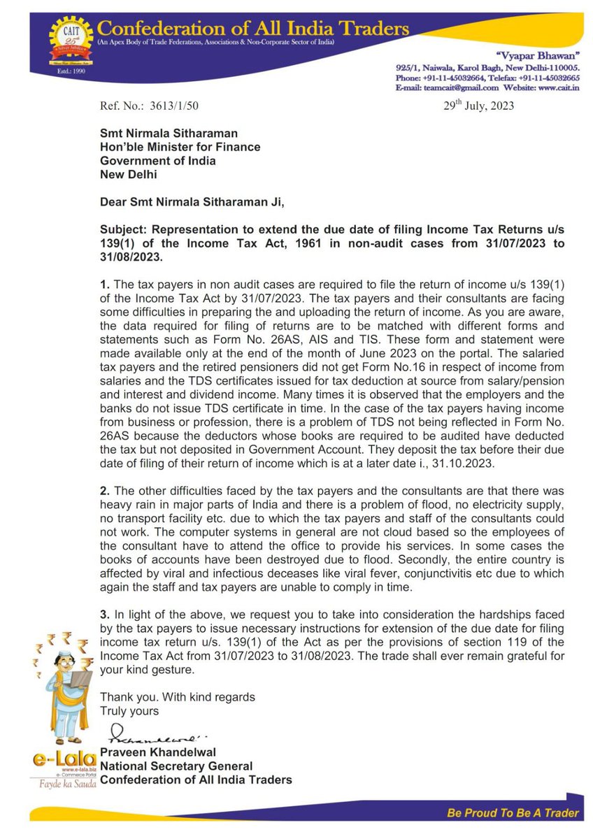 CAITIndia's tweet photo. CAIT has written to FM Smt @nsitharaman requesting for extension in deadline for filing ITR. We are hopeful @IncomeTaxIndia will take due cognisance. 

@nsitharamanoffc @PiyushGoyal @praveendel @FinMinIndia https://t.co/gifk852gQx