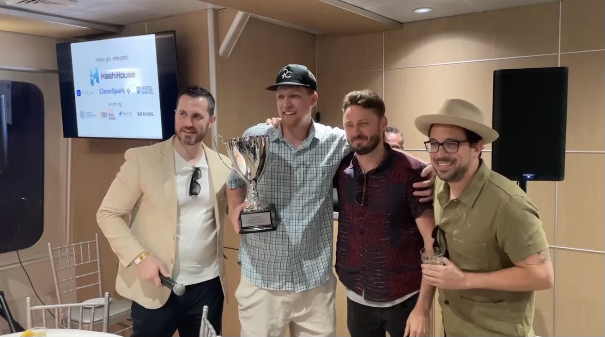 printcryptoUSA's tweet photo. If you’re going to bet on anything, bet on brainpower and icy cool. Our Chief of Operations Sean Reese knocked out a bunch of other mining OGs to win the first-ever Satoshi Action Fund Poker Tournament. Thanks @Dennis_Porter_ and @SatoshiActFund for the evening! https://t.co/49L4vMUpIg