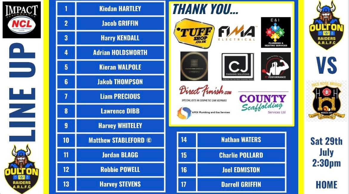 🏉🏉GAME DAY🏉🏉

📅 Saturday 29th July
🏆 <a href="/OfficialNCL/">National Conference League - RL</a> Division One
⏰ 2.30pm
👕 <a href="/RaidersOulton/">Oulton Raiders ARLFC</a> 🆚️ <a href="/InceRoseBridge/">Ince Rose Bridge</a> 
🏟 Wakefield Road, LS26 8EL
🎟 £3 Adults, £2 Concessions
<a href="/impact_perform_/">Impact Performance Official</a>