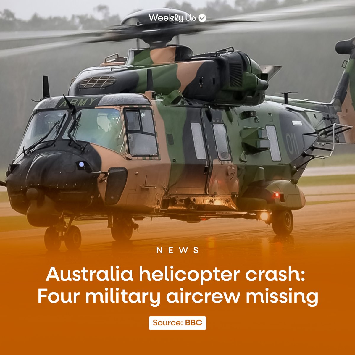 WeeklyUsLK's tweet photo. Four people are still missing after an Australian military helicopter crashed off the coast of Queensland, according to authorities, although debris has been located.

The incident happened on Friday night off Lindeman Island during a US-Australian exercise.

#Australia #BREAKING https://t.co/WGkd8MXZS5