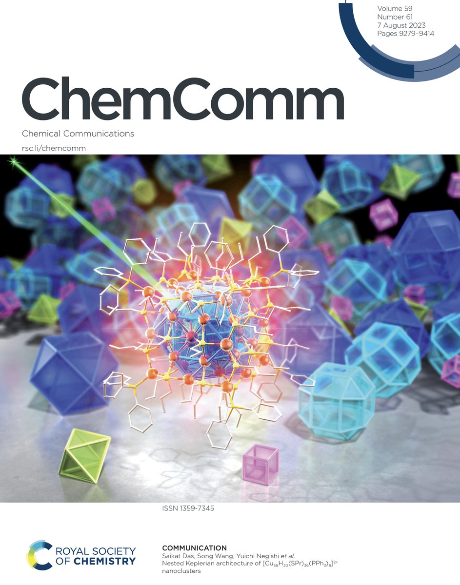 ChemCommun's tweet image. On the cover of issue 61:

Yuichi Negishi and colleagues from @TUS_PR_en  report highly symmetric Cu(I)–thiolate nanoclusters with a nested Keplerian architecture 🔓

pubs.rsc.org/en/content/art…