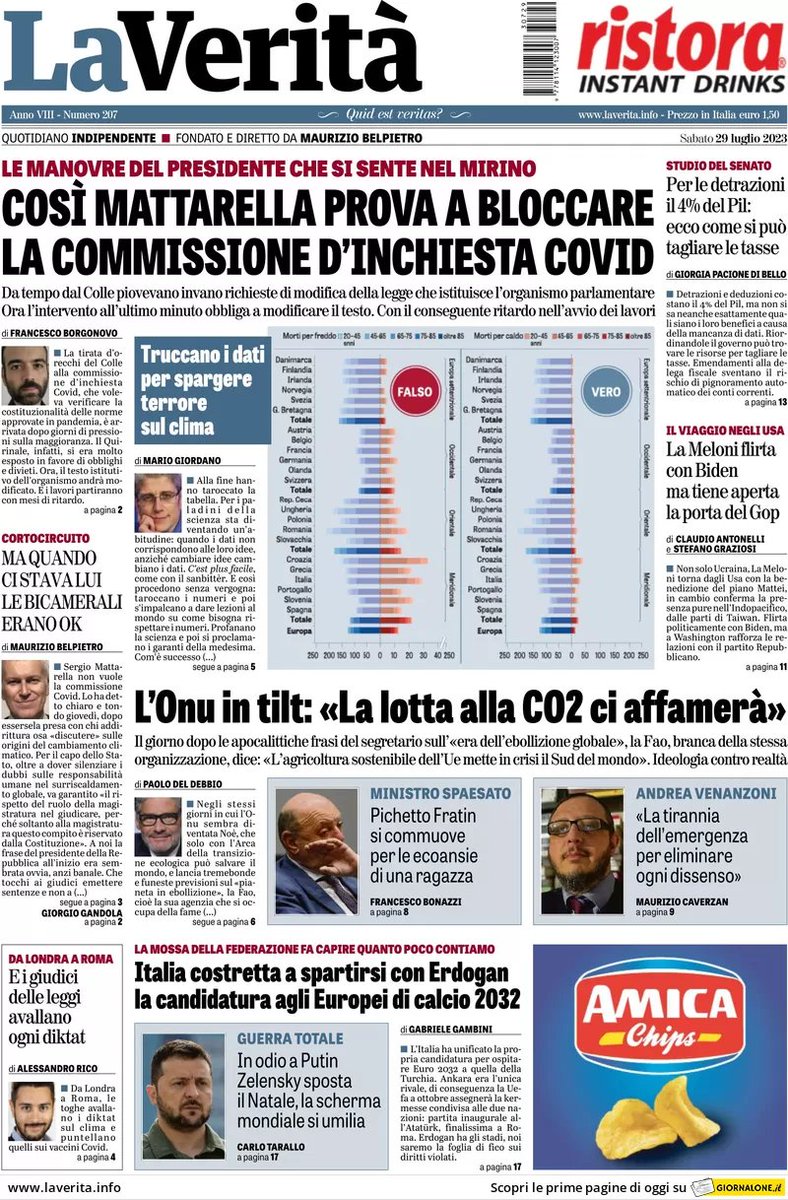 LAURADEPS's tweet photo. #Buongiorno e buon sabato #29luglio2023 con la prima pagina de #LaVerità che rivela le bieche ingerenze della #LarvaDelColle sulla #CommissioneCovid e #EmergenzaClimatica.Per la prima è evidente la paura di finir indagato per aver avvallato diktat anti costituzionali >|< https://t.co/8UFIZbM4sx