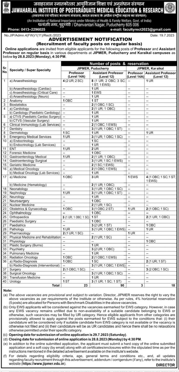 We are recruiting @OfficialJipmer! Three Assistant Professor posts (UR-1, OBC-1, ST-1) & One Professor post are open in the Nephrology Dept. @JipmerNephro jipmer.edu.in/announcement/r… @SreejithDr