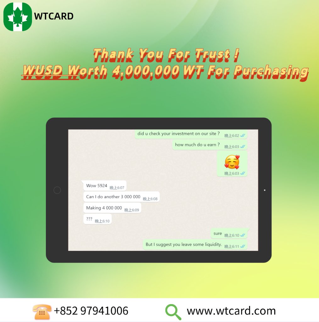 wutong210601's tweet photo. Thank you for your trust!!🥰
The first time purchased 1,000,000 WT worth of WUSD, and the next day after saw the profit🤩🤩,purchased 3,000,000 WT worth of WUSD again!✅
https://t.co/piHMfxpMgO

#Abuja #AbujaTwitterCommunity #Bitcoin #giftcard #lagos #wusd #wtinvestment #Nigeria https://t.co/75d3IkB0ZC