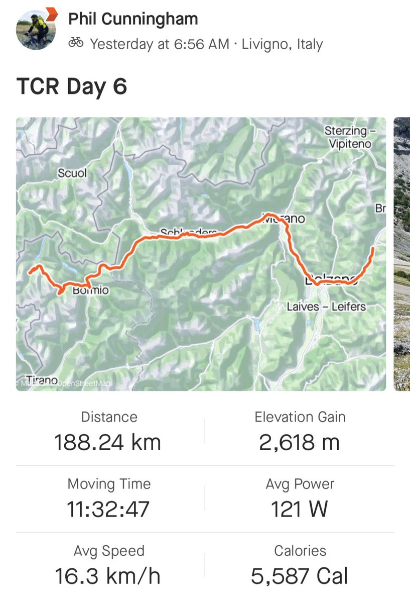 DuksCC's tweet photo. #Duks member Phil Cunningham is on day 7 of #TCR2023, heading into #Slovenia having ridden up the #StelvioPass yesterday. That's over 1200km ridden from #Belgium, through eastern #France, #Switzerland &amp; northern #Italy. #TCRNo9Cap94 #TCRNo9 #Cycling #GoPhil #HardAsNails https://t.co/AKjWOOEUWu