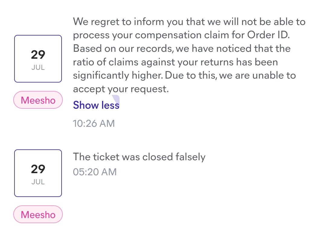 KabirCakes's tweet photo. @Meesho_Official @meeshotech @meesho_support @meeshocarehelp 
The compensation claim for return order ID: 889673342695_1 is being rejected falsely saying  that the ratio of our claims have been higher, whereas it's the first time we've requested a claim.
#meesho https://t.co/TWe0KDiIhp