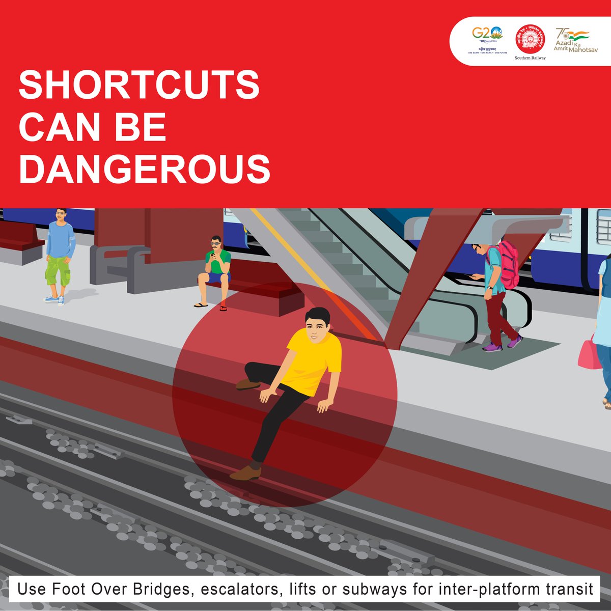 DrmChennai's tweet photo. Be a responsible commuter!

Safety first! Choose the right way for inter-platform transit – use foot over bridges, escalators, lifts, or subways.

#RailwaySafety #SafetyFirst #StaySafe #StayAlert #TrainTravel #PassengerTips #Chennai @railminindia @gmsrailway https://t.co/sdzPcgHirm
