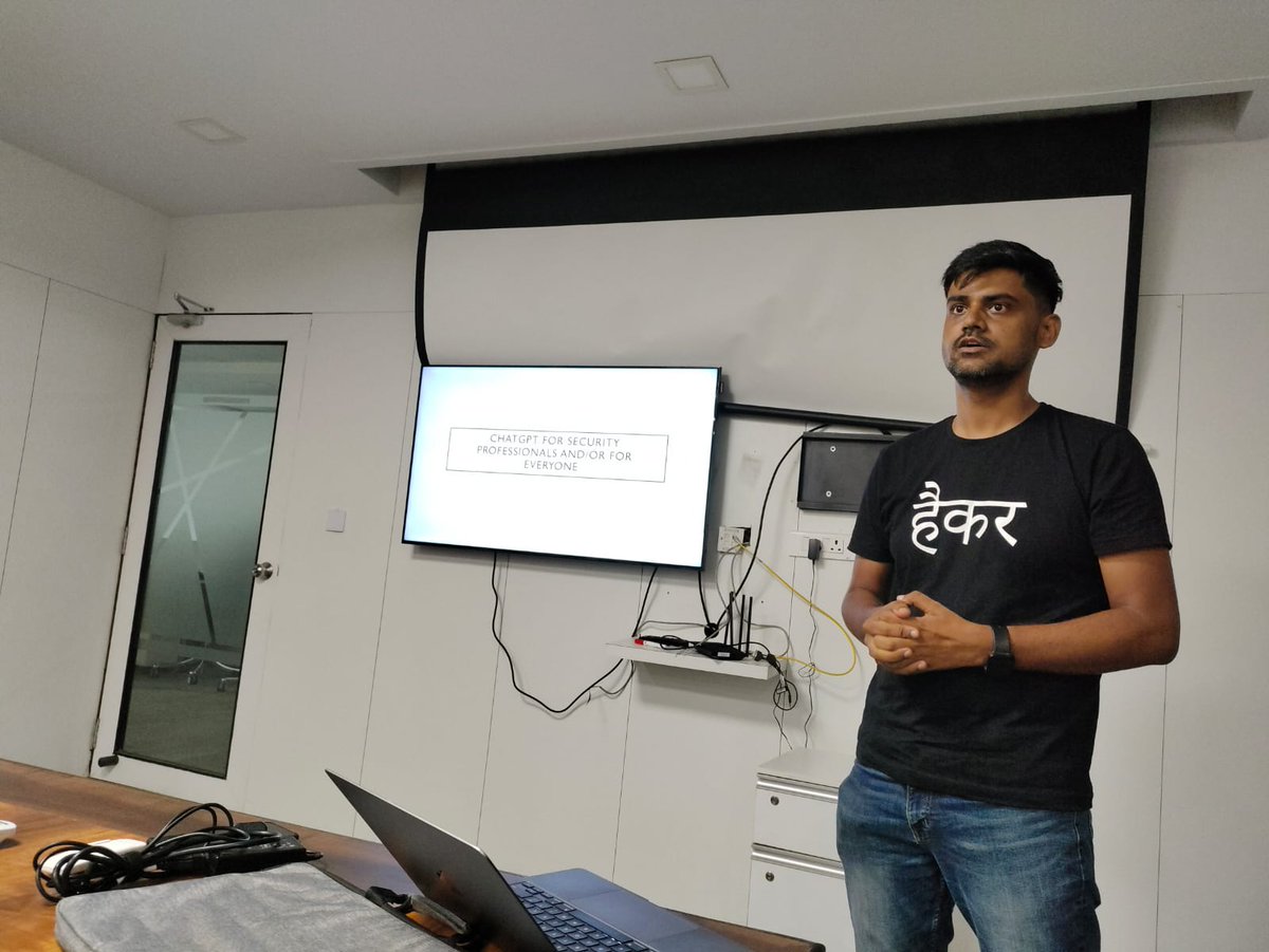 NullBhubaneswar's tweet photo. Our second talk of the day. "Chatgpt for Security Professional and/or for Everyone" by @NutanKumarPanda at #NullBhubaneswar. @null0x00 #AISecurity #LLMSecurity https://t.co/ideASdieNT