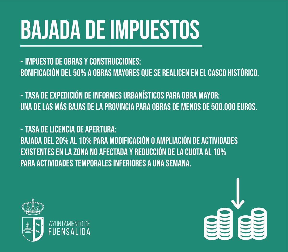 📉 El Ayuntamiento de Fuensalida aprueba una bajada de impuestos en el primer pleno ordinario de la legislatura.

Se trata de una primera actuación en este sentido, que se sumará a nuevas medidas que se llevarán a cabo en los próximos meses.