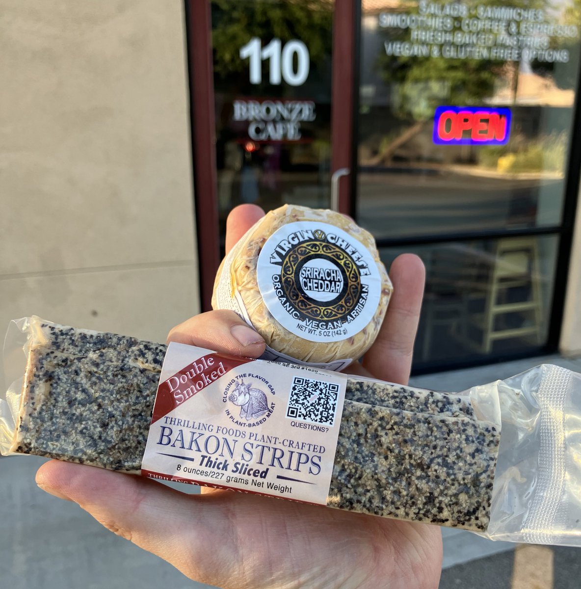 Two of the most absolutely groundbreaking vegan brands in the world! <a href="/VirginCheese/">Virgin Ⓥ Cheese</a> a raw cashew coconut gluten free vegan cheese and <a href="/thrillingfoods/">Thrilling Foods</a> a double smoked gluten free soy vegan bacon! Both available at the @BronzeCafe here in Las Vegas! Please support all three of these